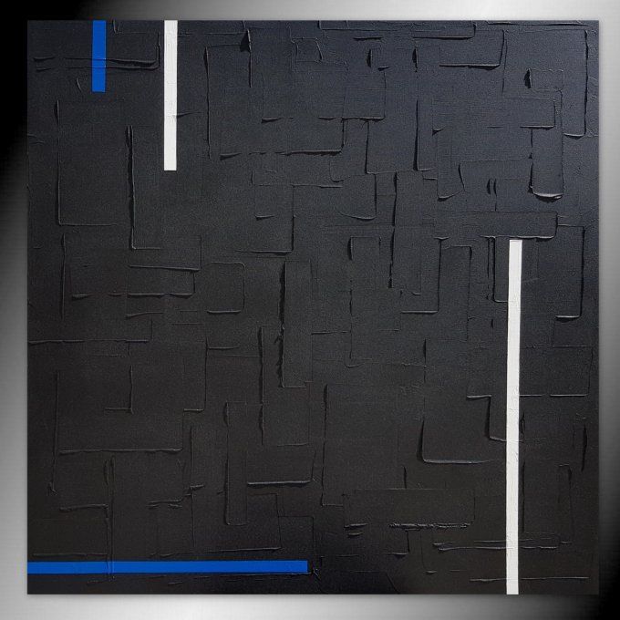 MONOCHROME NOIR 100x100 bleu et blanc - Tableau abstrait noir – Peinture contemporaine 100x100 cm
